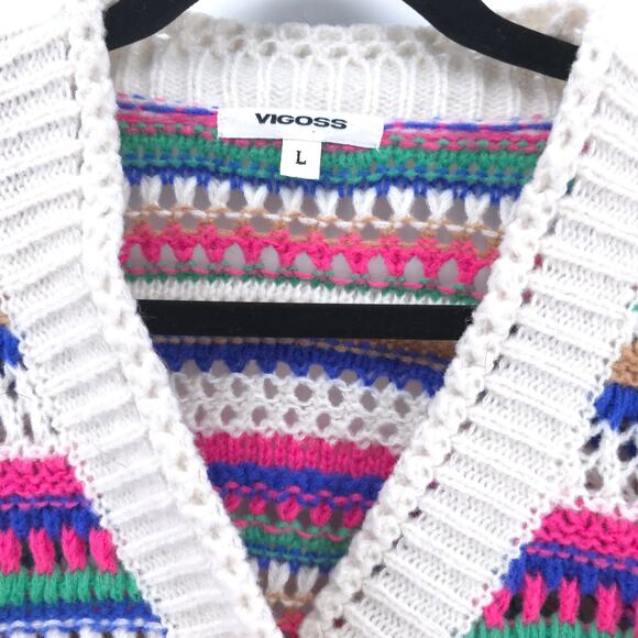 VIGOSS Womens Striped Candy Multicolor Crochet Button Down Sweater Cardigan L - Picture 5 of 12